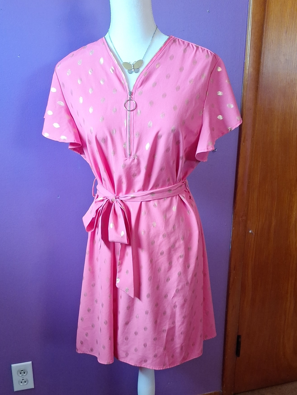 Flutter-Sleeve Hot Pink Dress with Gold Polka Dots